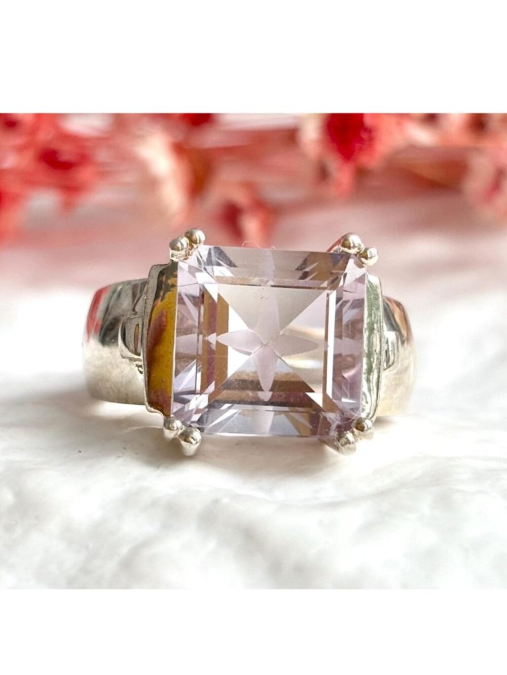 Ultra Light Amethyst Gemstone Sterling Silver Solitaire 925 Vintage Ring - sz 8